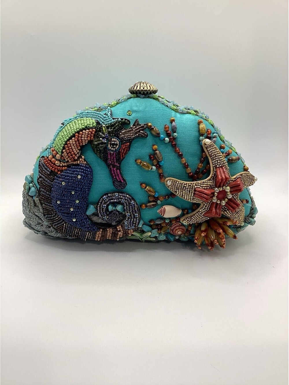 Mary Frances Blue Beaded Embroidered Sea Life Kiss Lock Clutch w/ Strap